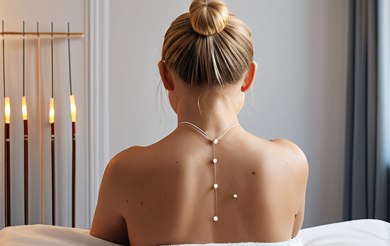 **A serene woman receiving acupuncture treatment in a modern Stockholm clinic. Focus on the gentle placement of needles in her back and shoulders, soft lighting, and a sense of relaxation. Include traditional Swedish design elements in the background.**